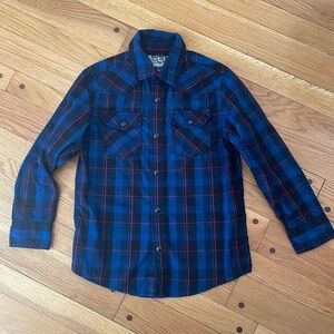 Helix Blue Plaid Snap Front Long Sleeve Western Country Dress Shirt Boys Small